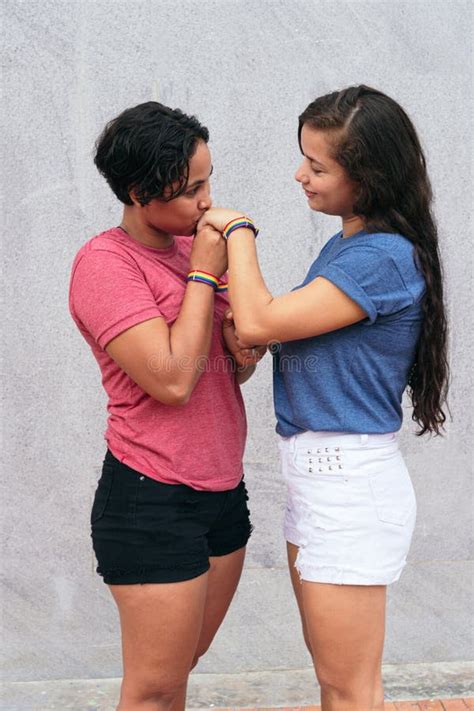 latin lesbian couple share in the city stock image image of