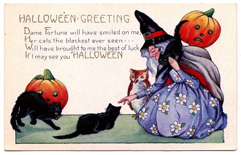 Vintage Halloween Image Witch Cats Owl The