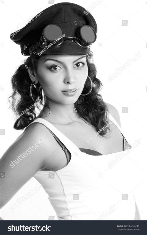 Sexy Brunette Girl Military Cap Steampunk Foto Stock 189268244