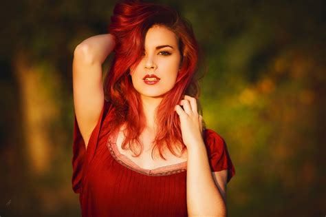 Women Model Redhead Red Dress Red Lipstick Brown Eyes Depth Of