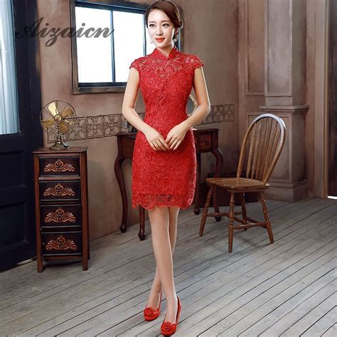 2018 Red Mini Cheongsam Lace Qipao Traditional Chinese