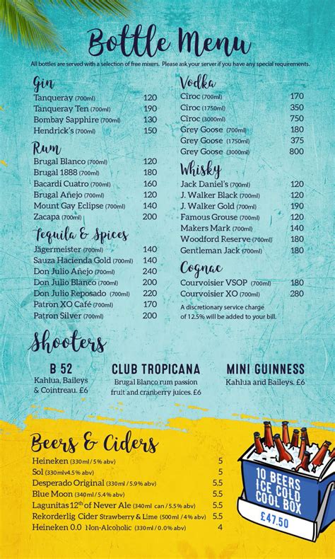 tropicana beach club drinks menu prices  locations
