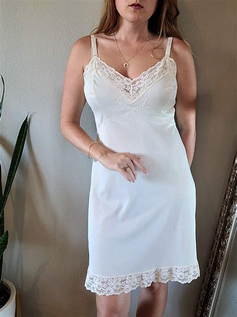 Vintage 60s 70s Off White Lace Trim Slip Dress By Opalaire Shop