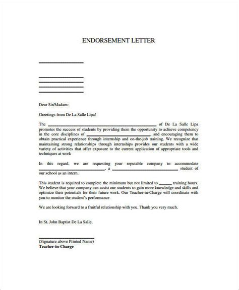sample endorsement letter samples templates   ms word