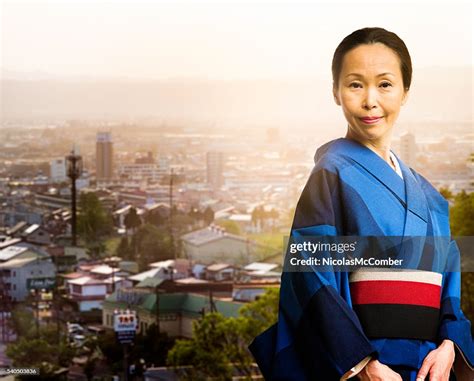 Beautiful Mature Japanese Woman Portrait In Kimono At Sunset High Res