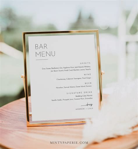 minimalist bar menu sign printable wedding bar menu alcohol drinks