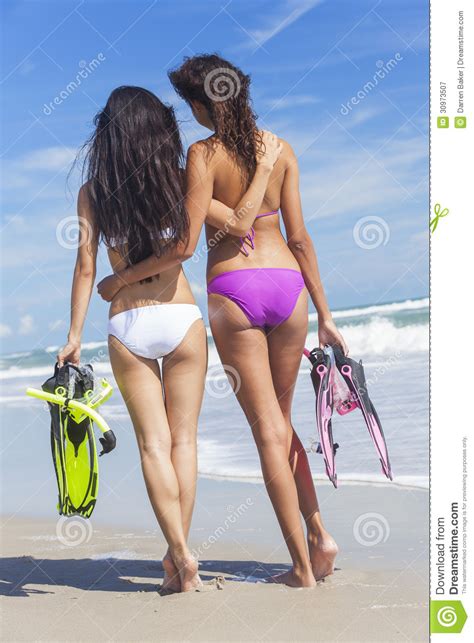 Rear View Beautiful Bikini Women At Beach Stock Image