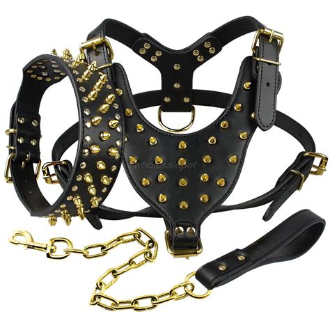 buy leather dog harness spiked studded dog pet collar harness  chain leash