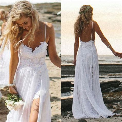 spaghetti straps white lace chiffon backless beach wedding dress 2015 v neck open back sexy