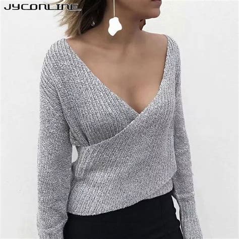 buy jyconline winter sexy off shoulder deep v neck knitting sweater women