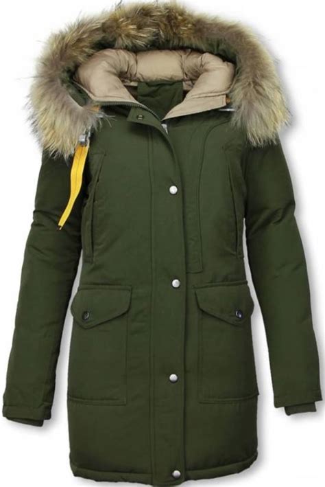 bolcom macleria winterjassen dames winterjas lang kunstkraag parka khaki