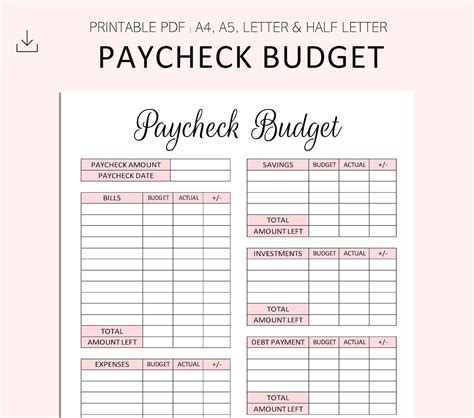 paycheck budget printable printable templates
