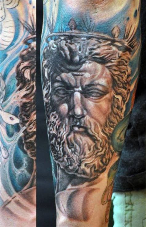 wonderful detailed black  white poseidon statue tattoo
