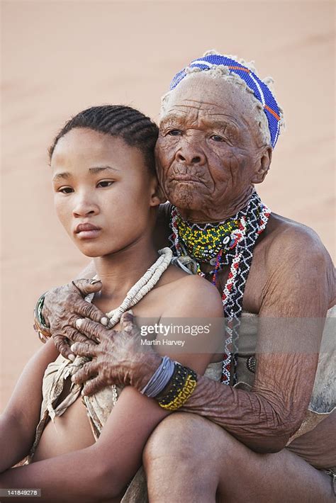 Indigenous Bushmansan Girl Embraced By Grandmother Namibia Image Taken