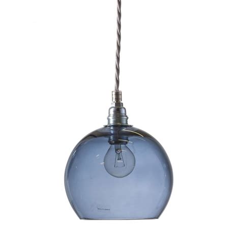 Blue Blown Glass Ceiling Pendant With Silver Braided Cable
