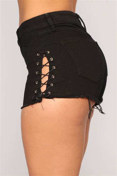sassy lace up side denim shorts black fashion nova