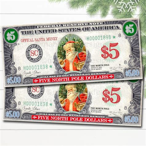 printable north pole santa money play money christmas dollar etsy