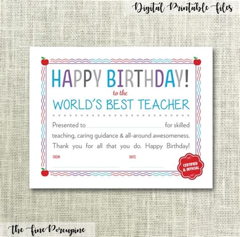 happy birthday teacher printable certificate worlds