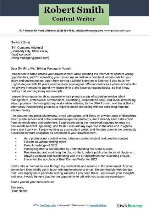 content writer cover letter examples qwikresume