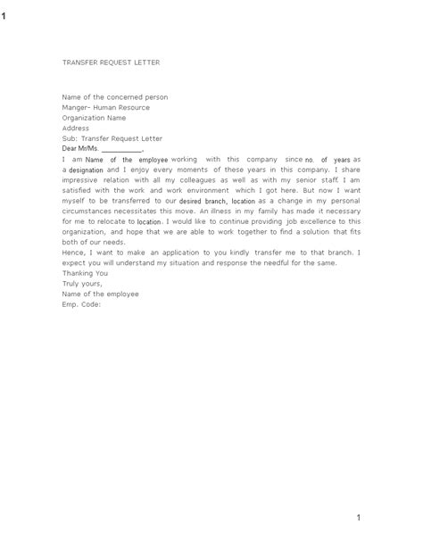 transfer request letter  employee templates