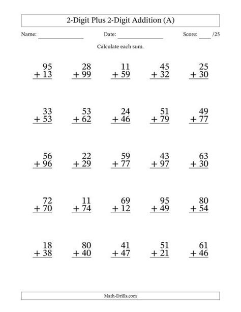 grade  math worksheet add  digit numbers  columns  carrying