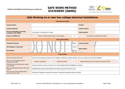 hrcw swms  safe working     voltage electrical