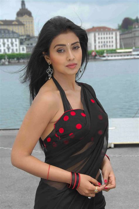 indian actress shriya saran hot black saree bikini blouse sharp boobs at latest telugu movie song