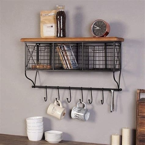 17 Stories Industrial Wall Mounted Metal Wood Shelf With Baskets Hooks
