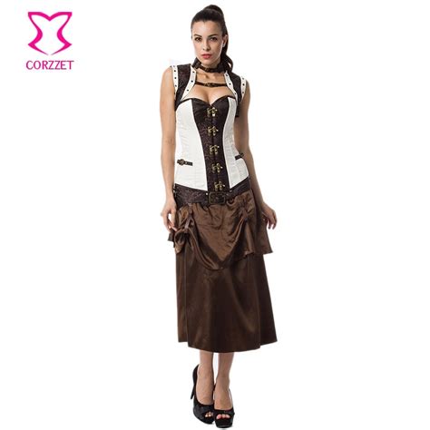 white brown brocade vintage corset jacket skirt steampunk dress gothic