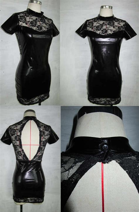 Women Sexy Pvc Patent Leather Latex Dress Black Lace Shiny Pvc Catsuit