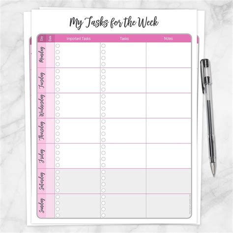 tasks   week pink   list task checklist printable
