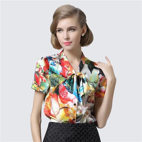 buy women silk blouse short sleeve blouse natural silk floral print bow blouse