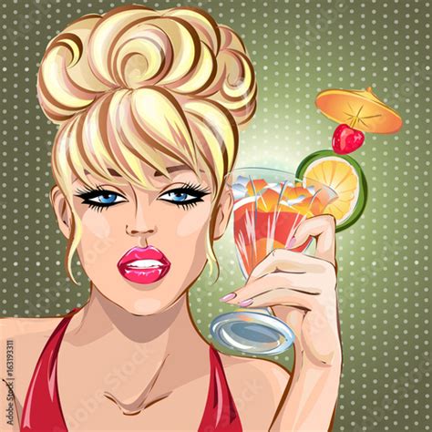 pin up sexy blonde woman drinking summer cocktail pop art girl