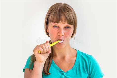 young lady brushing teeth   morning stock image image  fresh teeth
