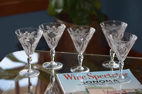 5 Vintage Crystal Etched Wine Glasses Vintage Small 6 Oz Crystal Wine