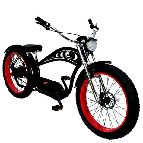 micargi cyclone deluxe electric chopper style cruiser bike matte black  red rims ebike