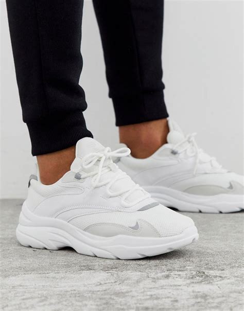 bershka chunky sole sneaker  refllective detailing  white  white  men save  lyst