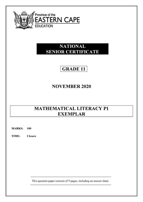 Maths Lit P1 Gr11 Qp Nov2020 Eng D National Senior Certificate Grade