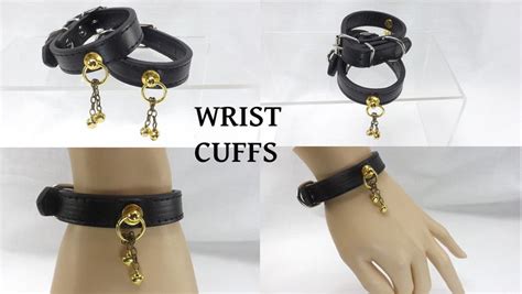 slave collar and cuffs set black leather with large gold