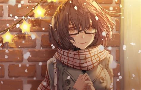 Wallpaper Meganekko Anime Girl Smiling Scarf Glasses