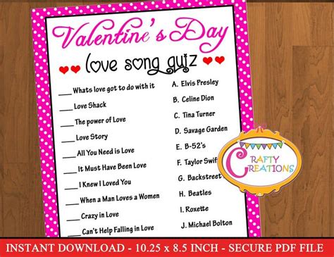 Instant Download Love Song Game Valentine S Day Game Etsy Valentine