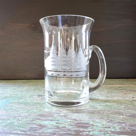 Vintage Glass Mug Etched Schooner Boat Large Clear Glass