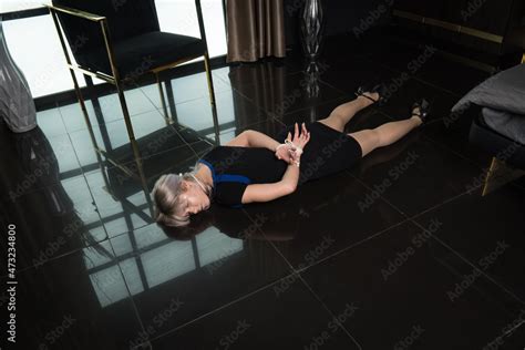 Crime Scene Simulation Dead Girl With Hands Tied Lying On The Floor