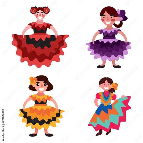 Four Mexican Women Dancers In Traditional Dresses Vector Illustration