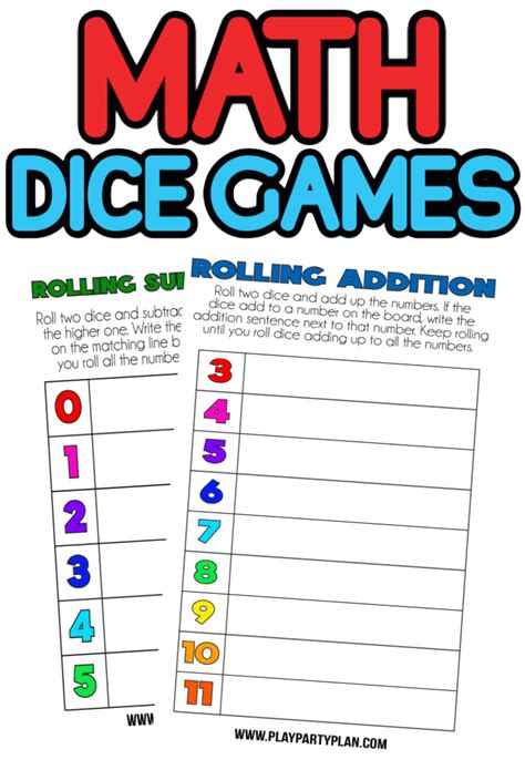 printable math dice games play party plan