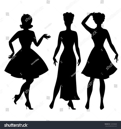 Silhouettes Beautiful Pin Girls 1950s Style Stock Vector