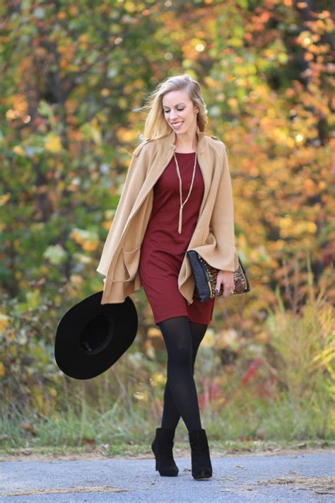 { autumn light camel cape burgundy shift dress and leopard clutch