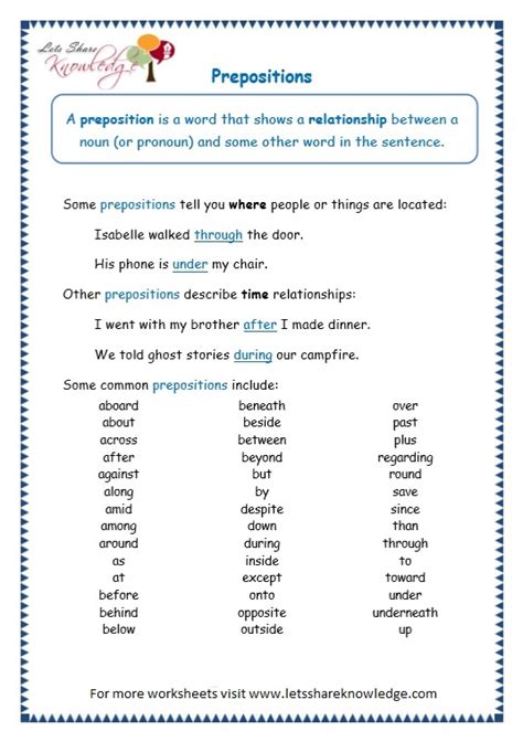 grade  grammar topic  prepositions worksheets lets share knowledge