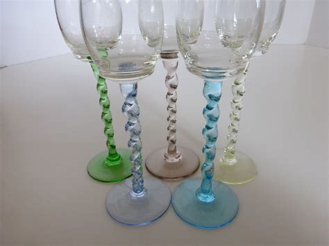 Vintage Cordial Liqueur Glasses W Colored Twisted Stems ~ Set Of 5 From