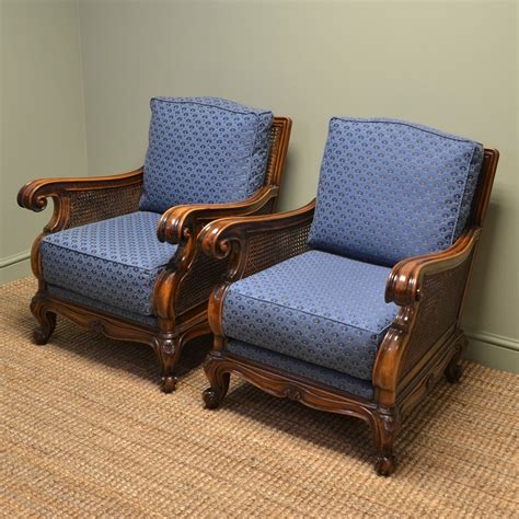 pair  matching edwardian walnut antique bergere arm chairs antiques